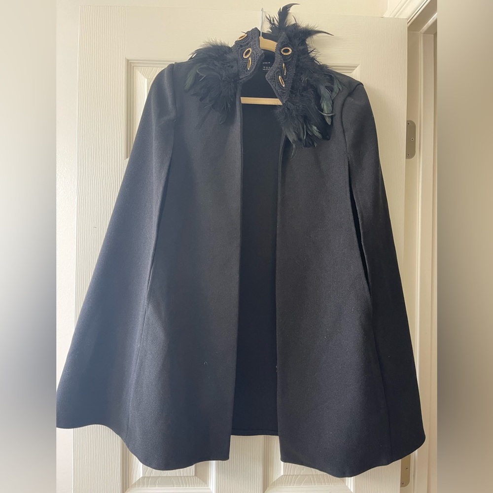 Black Contrast Feather Tweed Cape Coat size L